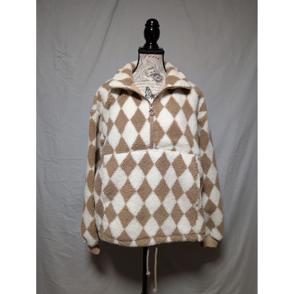 Easel Tan White Argyle Diamond Zip Sherpa Teddy Fleece Pullover Women's Small